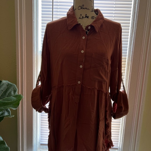 Umgee Linen Blend Animal Print Button Front Tunic Dress Pocket Canyon Clay Small - Picture 4 of 11